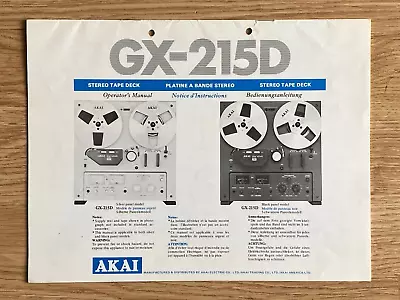 Kaufen AKAI GX-215D  Original Bedienungsanleitung   Printed In Japan • 19€