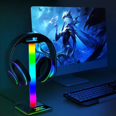 Kaufen RGB Kopfhörerhalter Halterung Headset Halter Kopfhörer Ständer + 2 USB Ladegerät • 16.99€