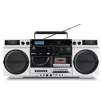 Kaufen MEDION P66538 80er Retro Boombox UKW Stereo Radio CD Kassette MP3 2x 10W Silber • 199.99€