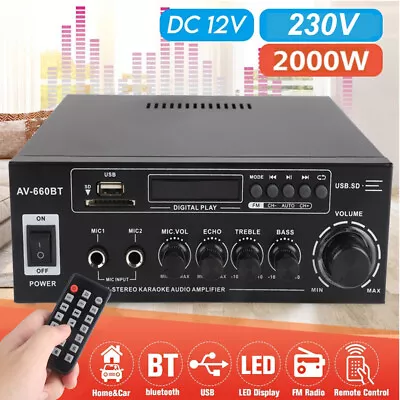 Kaufen 2000W Bluetooth Verstärker Vollverstärker HiFi Stereo Amplifier Digital FM • 29.99€